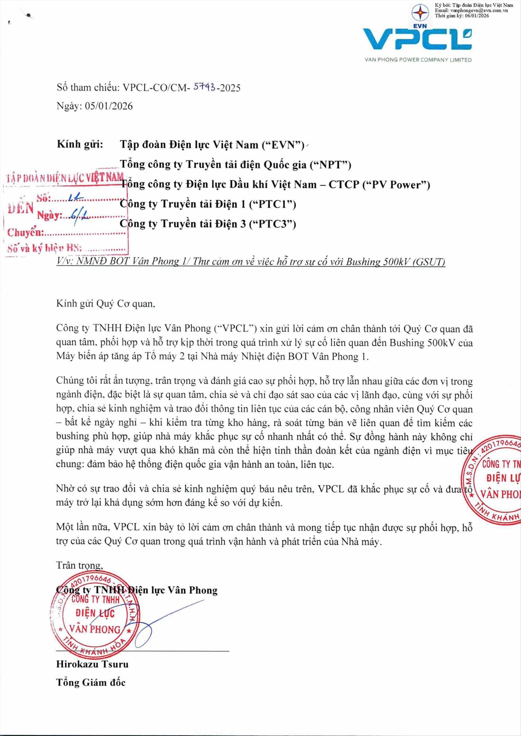 Nhà máy Nhiệt điện BOT Vân Phong 1 cảm ơn EVNNPT và các đơn vị truyền tải hỗ trợ xử lý kịp thời sự cố