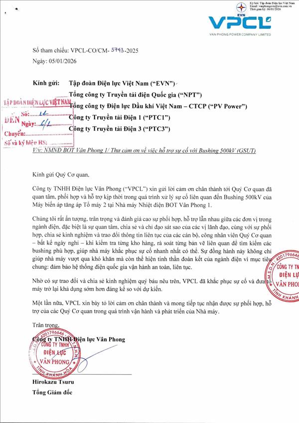 Nhà máy Nhiệt điện BOT Vân Phong 1 cảm ơn EVNNPT và các đơn vị truyền tải hỗ trợ xử lý kịp thời sự cố