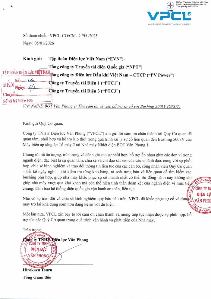 Nhà máy Nhiệt điện BOT Vân Phong 1 cảm ơn EVNNPT và các đơn vị truyền tải hỗ trợ xử lý kịp thời sự cố