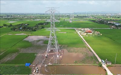 Kéo dây khoảng néo đầu tiên Dự án đường dây 500kV mạch 3 cung đoạn NMNĐ Nam Định I – Thanh Hoá 