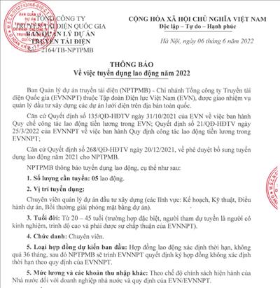 Thông báo về việc tuyển dụng lao động của NPTPMB năm 2022