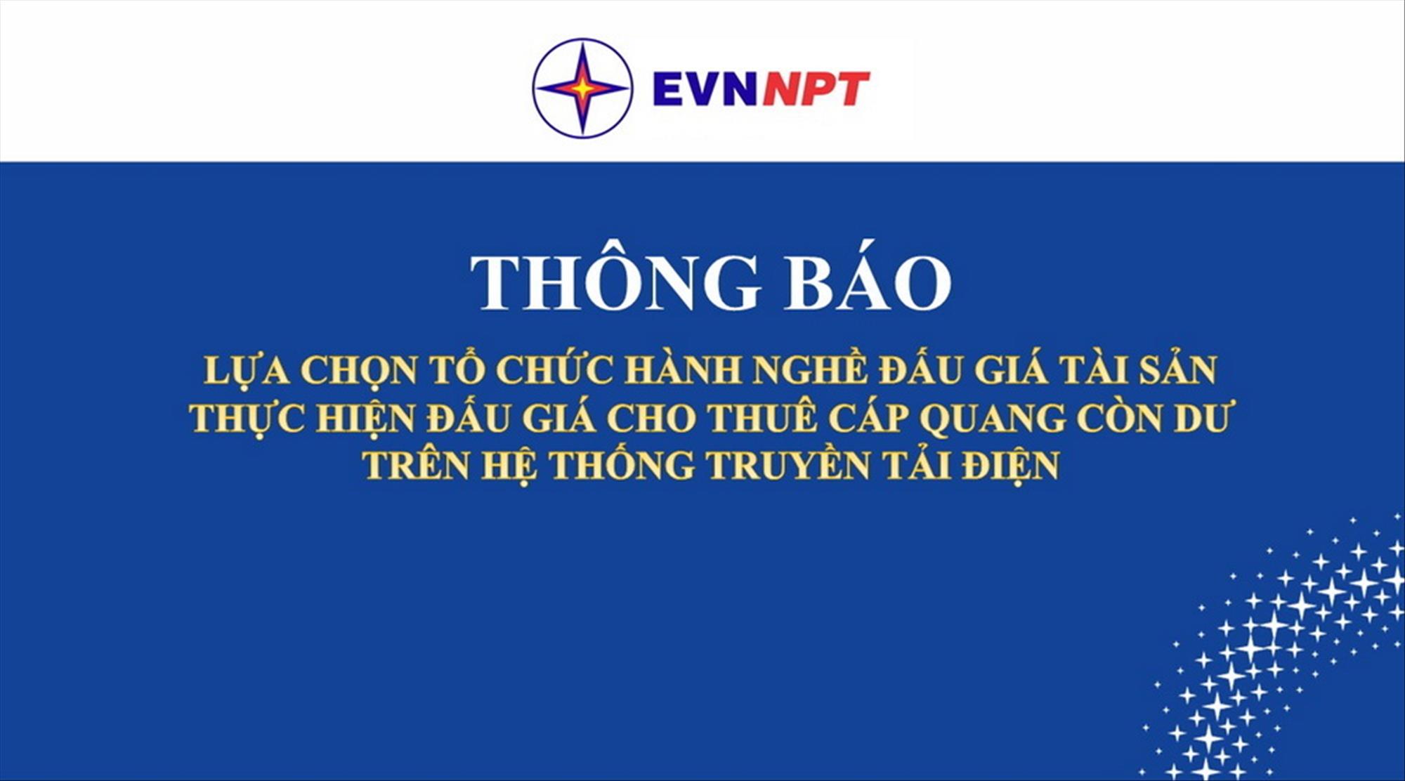Thông báo lựa chọn tổ chức hành nghề đấu giá tài sản, thực hiện đấu giá cho thuê cáp quang còn dư trên hệ thống truyền tải điện