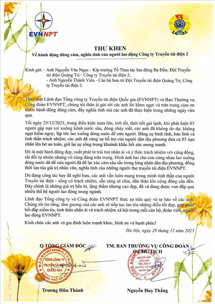 Tổng Giám đốc và Công đoàn EVNNPT kịp thời động viên hành động dũng cảm cứu người